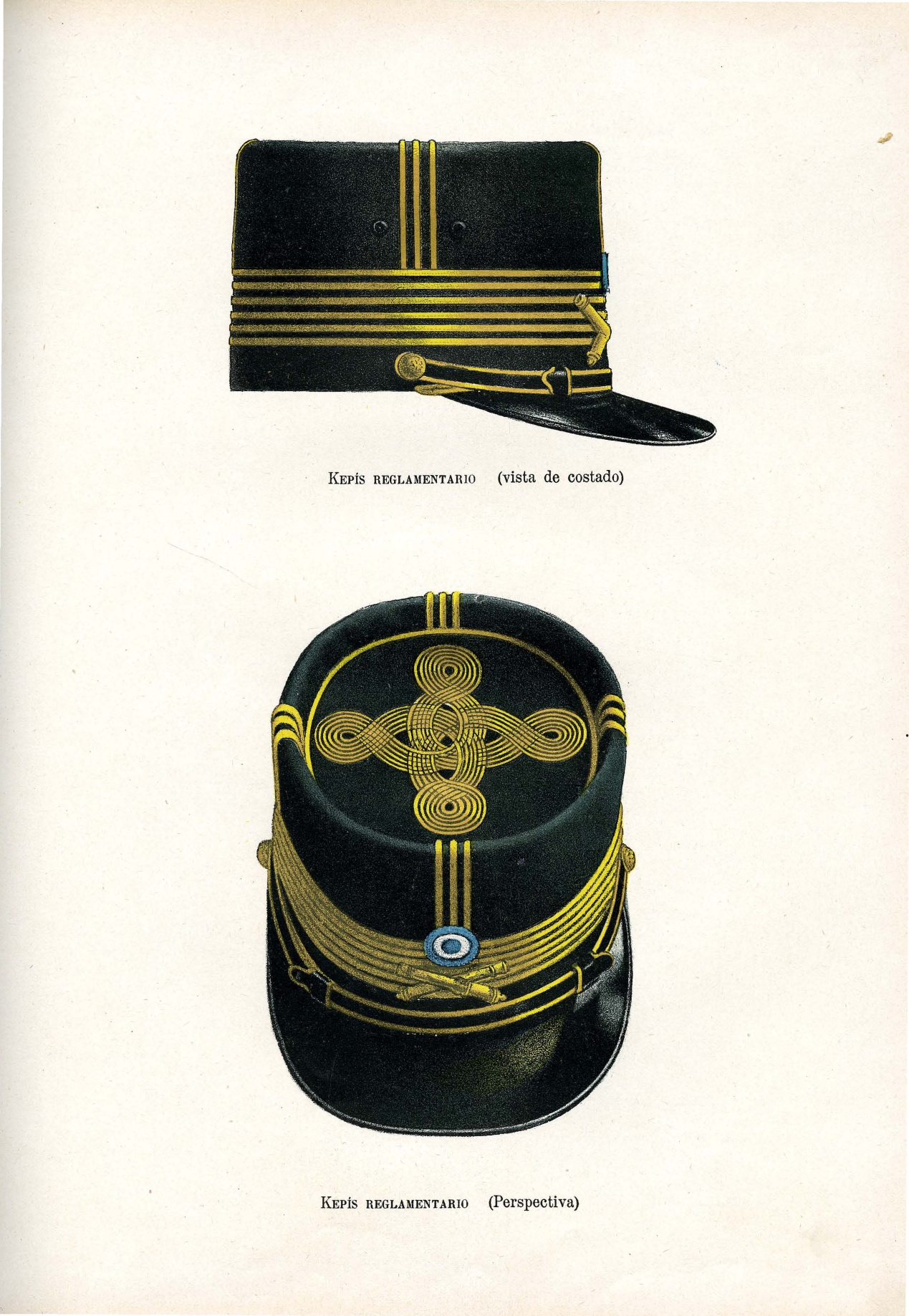 Arriba: Kepis Reglamentario - vista de costado. Abajo: Kepis reglamentario - perspectiva.