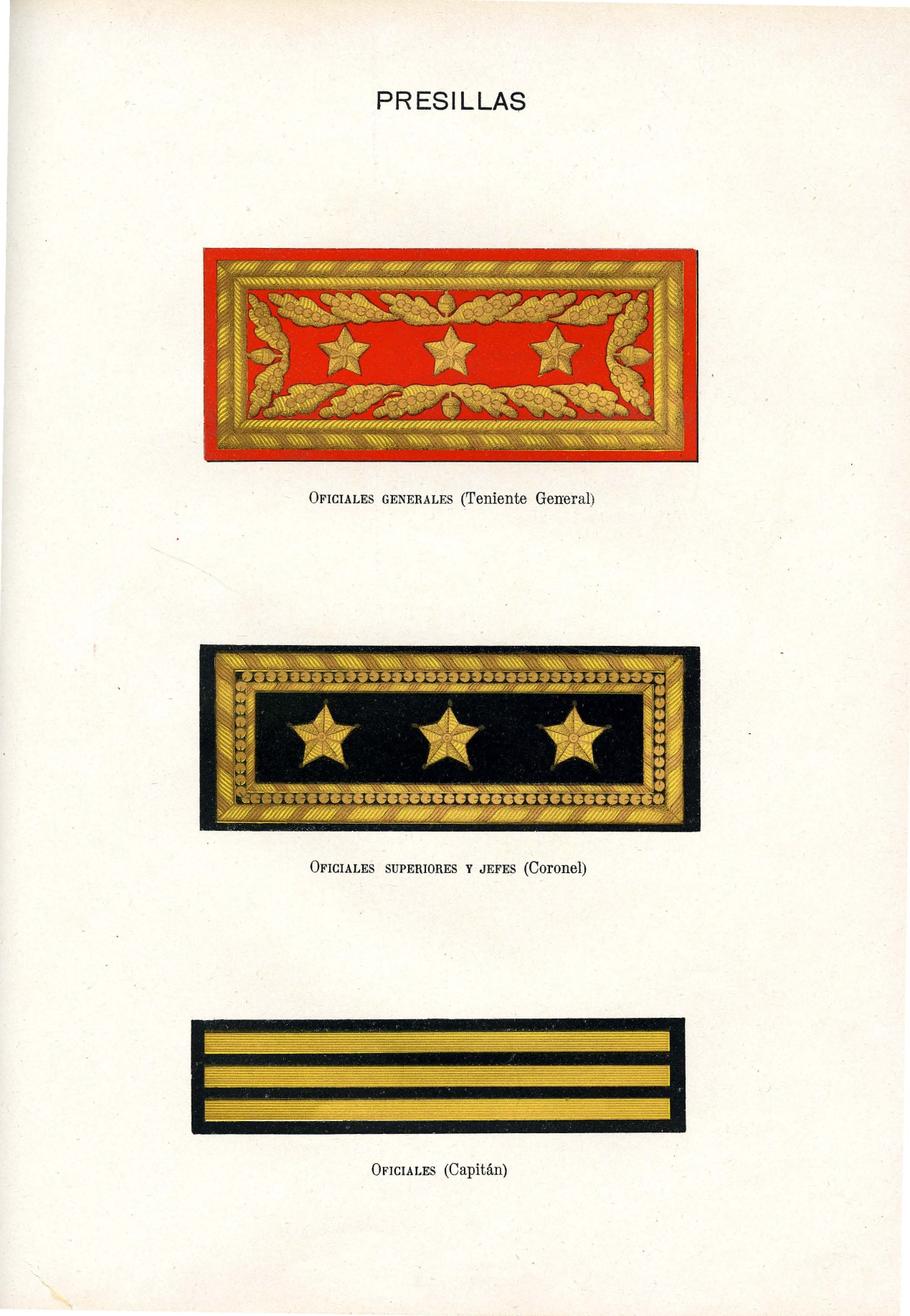 Presillas: arriba: Oficiales Generales - Teniente General. Medio: Oficiales Superiores y Jefes - Coronel. Abajo: Oficiales - Capitán