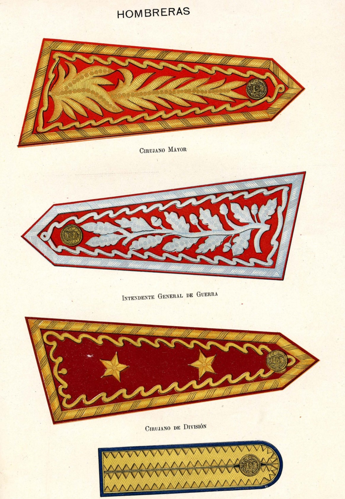 Hombreras: de arriba hacia abajo: Cirujano Mayor, Intendente General de Guerra y Cirujando de División