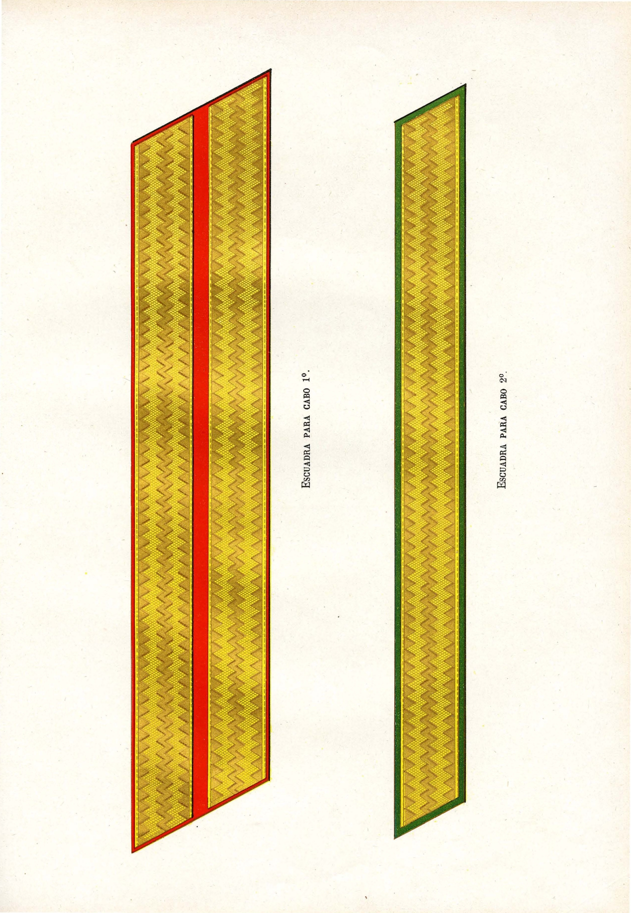 Izquierda: Escuadra para Cabo 1°. Derecha: Escuadra para Cabo 2°