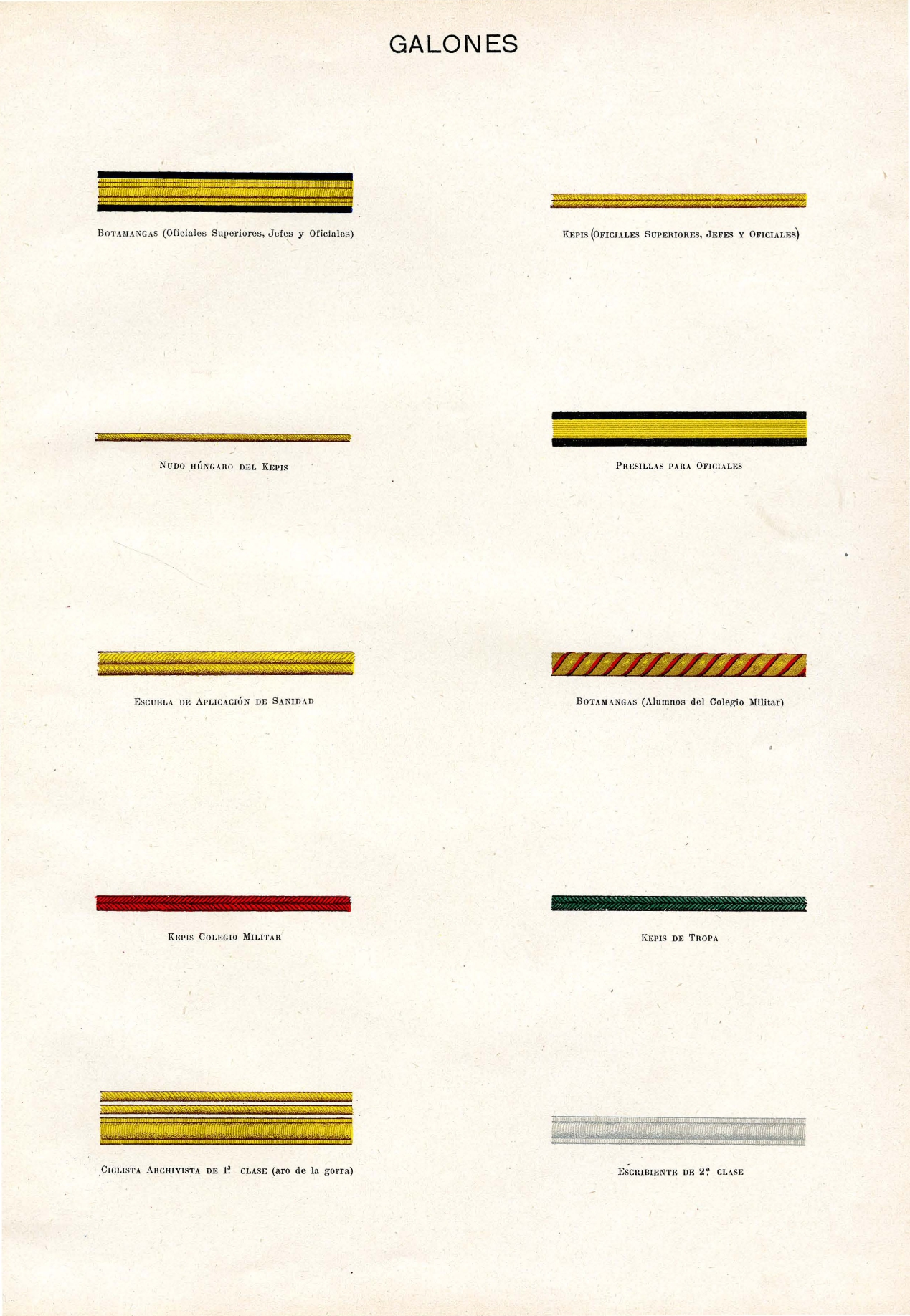 Galones: De arriba abajo, de izquierda aderecha: Botamangaas - Oficiales Superiores, Jefes y Oficiales. Kepis - Oficiales Superiores, Jefes y Oficiales. Nudo Húngaro del Kepis. Presillas para Oficiales. Escuela de Aplicación de Sanidad. Botamanga - Alumnos del Colegio Militar. Kepis del Colegio Militar. Kepis de Tropa. Ciclista Archivista de 1° Clase - aro de la gorra. Escribiente de 2° Clase